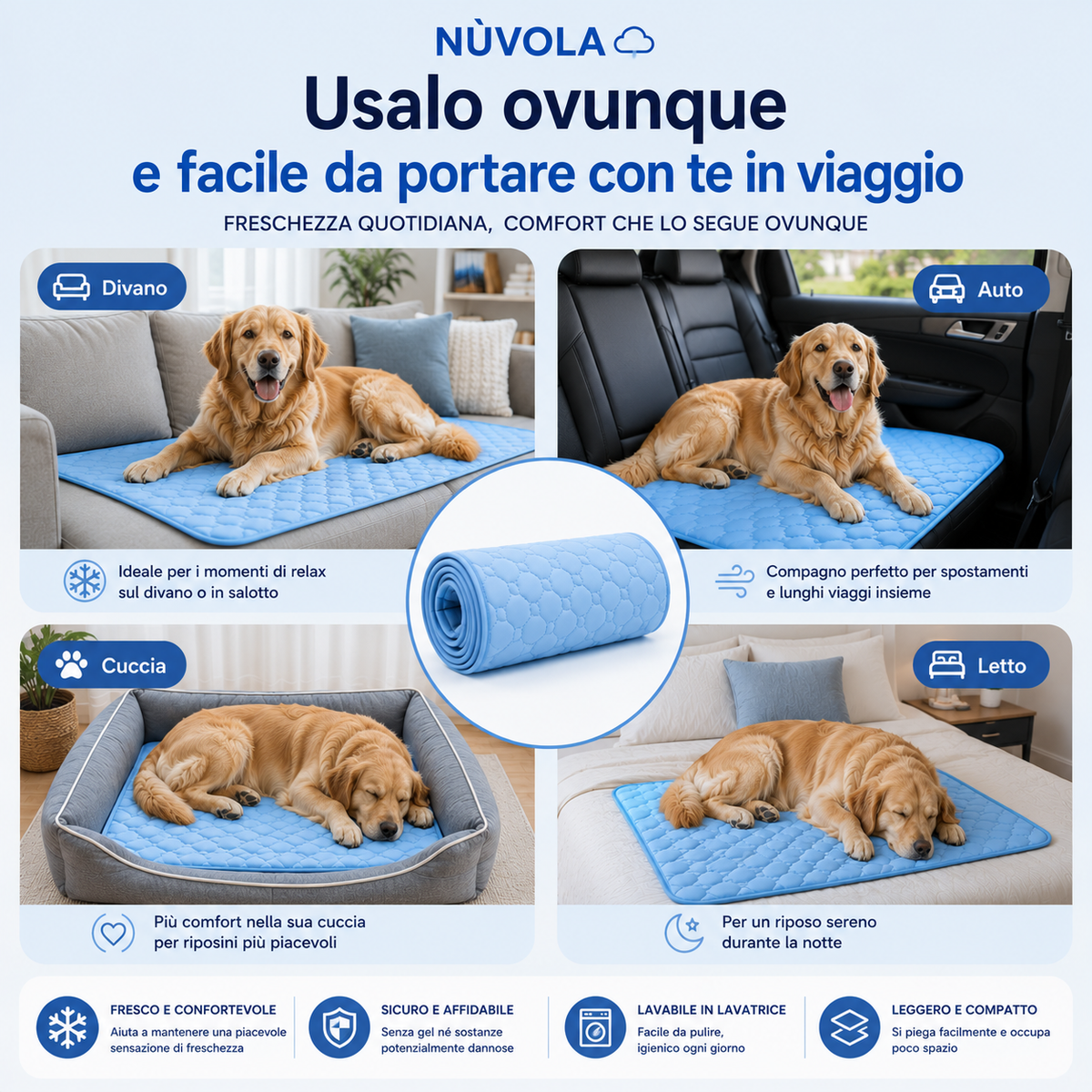 Tappetino Rinfrescante Nùvola per Cani — Fibra Ice Silk a 3 Strati